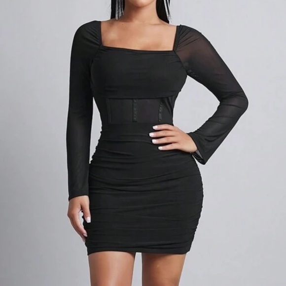 SHEIN PETITE Square Neck Ruched Mesh Panel Ruched Bodycon Mini Dress Petite XS - Picture 1 of 16